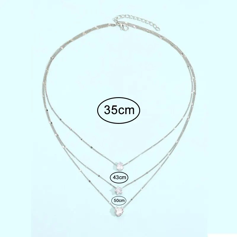 3 Pcs Gold-Color Simple Multilayered Pendant Necklace For Girls Women Star Heart Shaped Pendant Necklace Jewelry For Birthday Gi